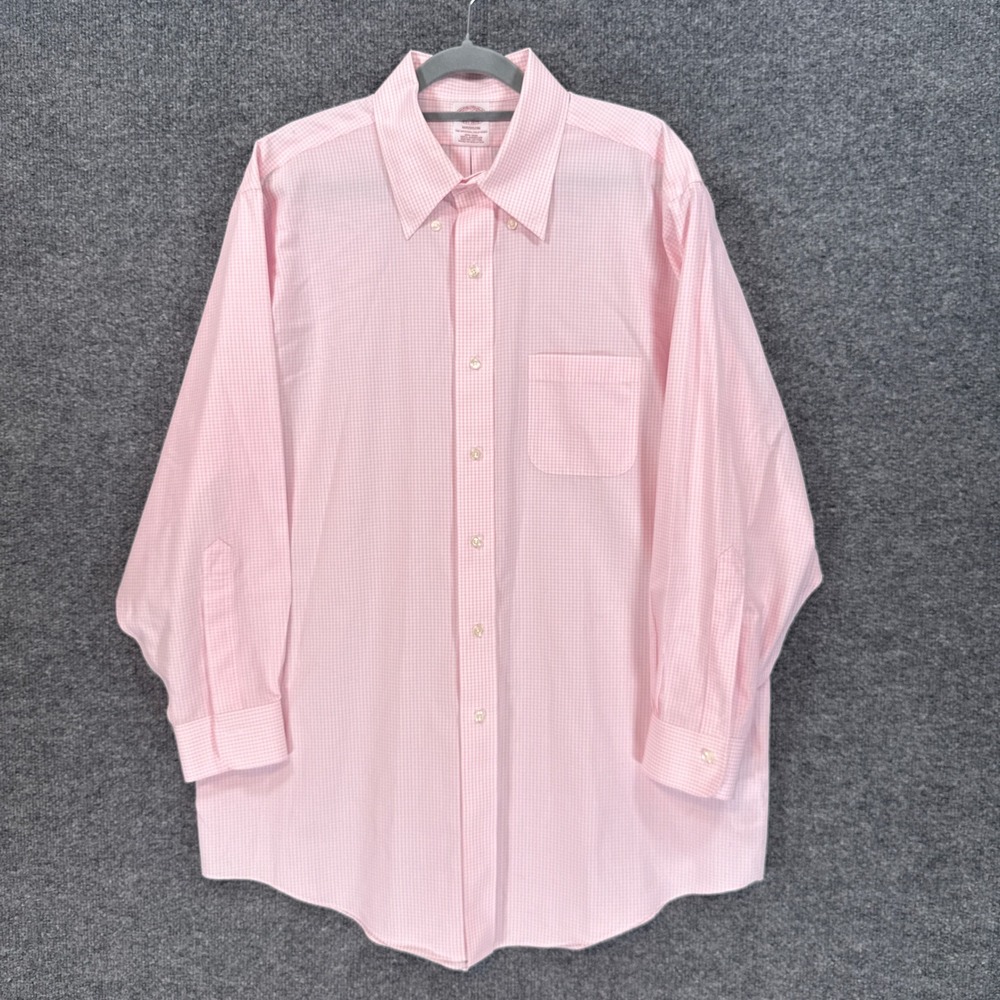 Brooks Brothers Button Down Shirt Men 16.5 32 Pink Check Madison Fit Dress Shirt